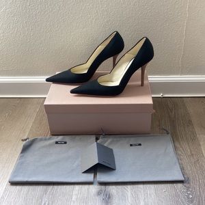 Vntg NEW nib Y2K Prada black woven fabric & wooden heel pumps w/ pointy toe 39.5